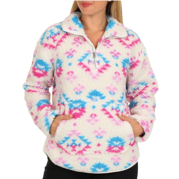 River & Rose Aztec Geometric Quarter Zip Pocketed Sherpa Pullover NWT - Picture 1 of 4